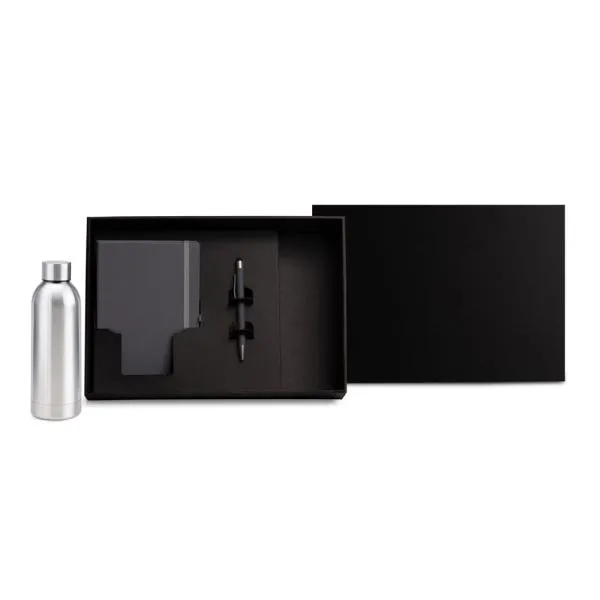 Kit Garrafa Inox, Caderno e Caneta Alumínio 3 Peças