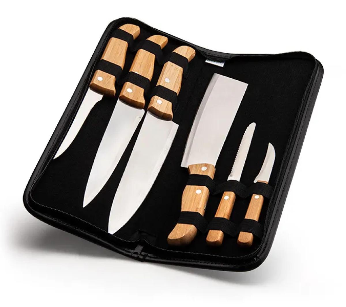 Kit de Facas Inox e Bambu com Estojo - 7 Peças