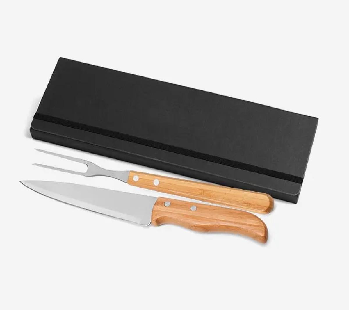 Conjunto de Garfo e Faca Inox e Bambu com Estojo Preto