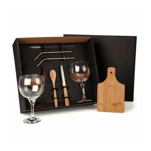 Kit Taças Gin Vidro com Acessórios Inox e Bambu 22x13cm