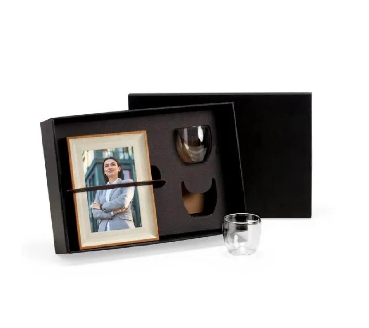 Kit Porta-Retrato Madeira e Copos Térmicos Vidro 100ml