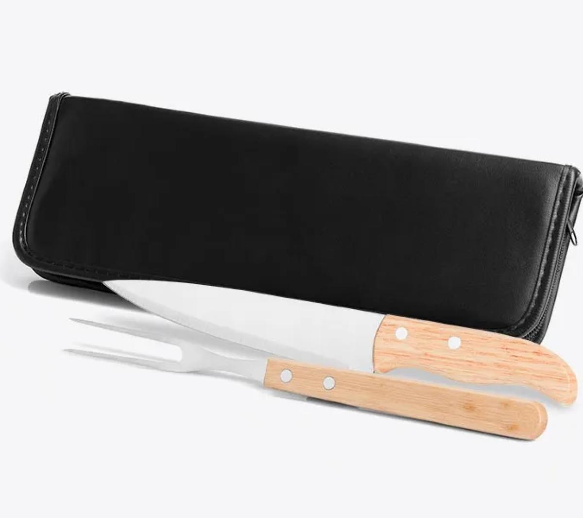 Conjunto de Garfo e Faca Inox e Madeira com Estojo