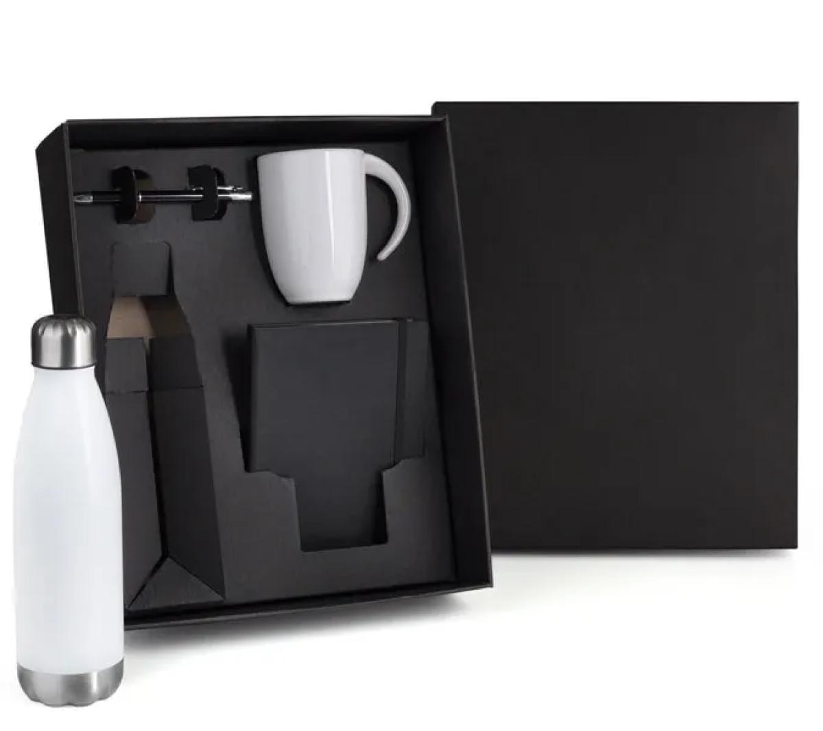 Kit com Garrafa Inox, Caneca Cerâmica, Caderno e Caneta