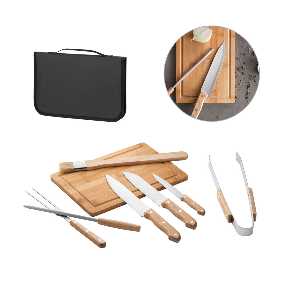 Kit Churrasco com Utensílios Aço Inox e Tábua Bambu 250x370mm