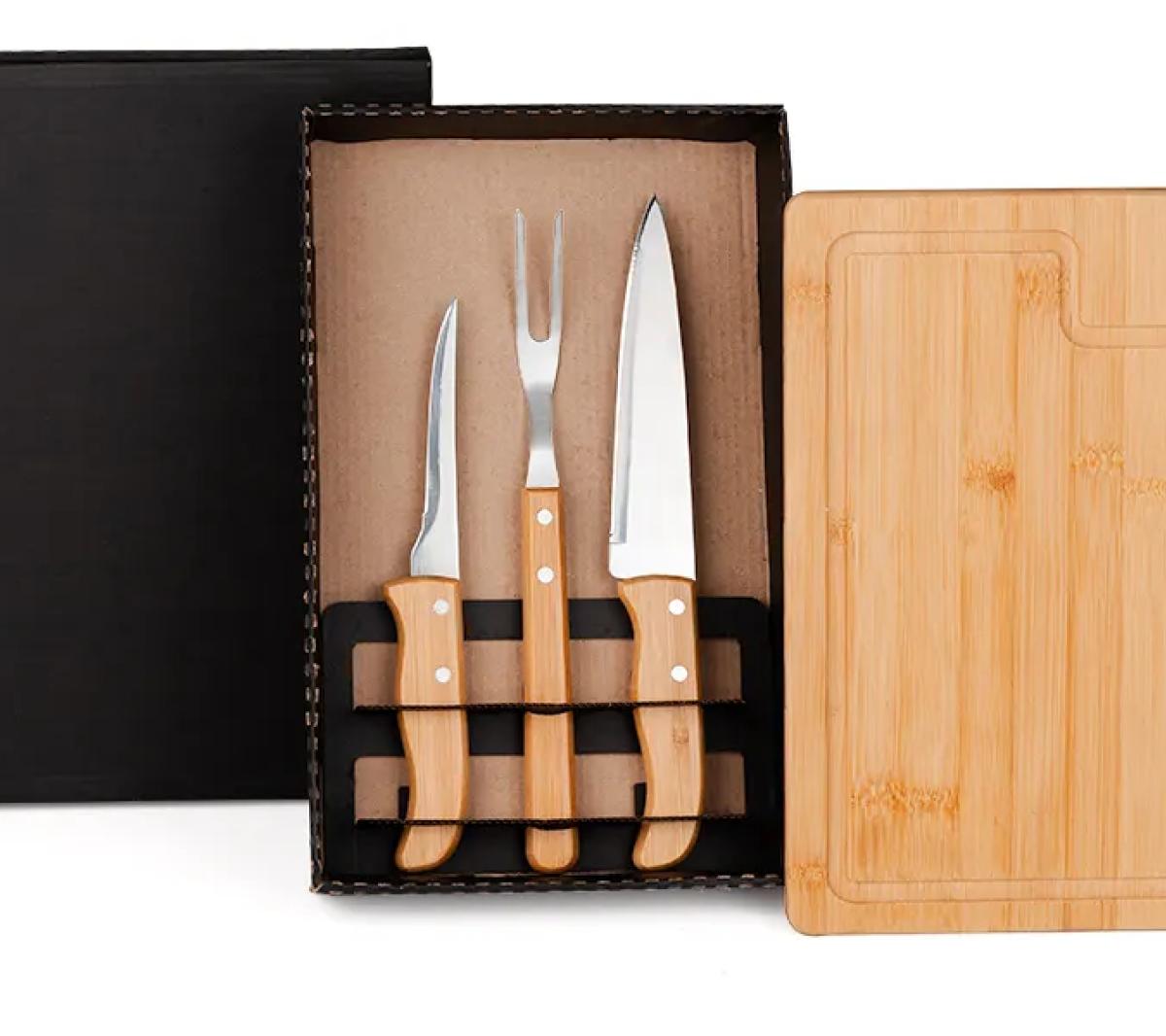 Kit para Churrasco Bambu e Aço Inox 4 Pçs