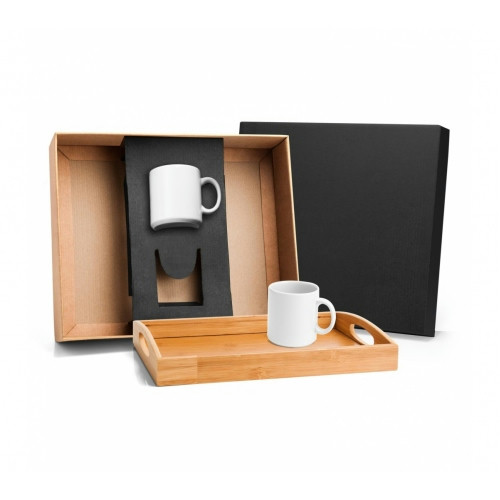 Kit para Servir Canecas Cerâmica e Bandeja Bambu 35x24cm