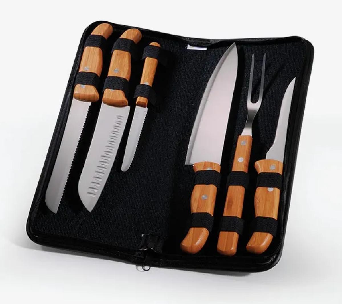 Jogo de Facas Aço Inox e Bambu 7 Peças