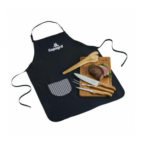 Kit Churrasco 6 Peças com Avental em Brim e Bambu 37x22,5cm