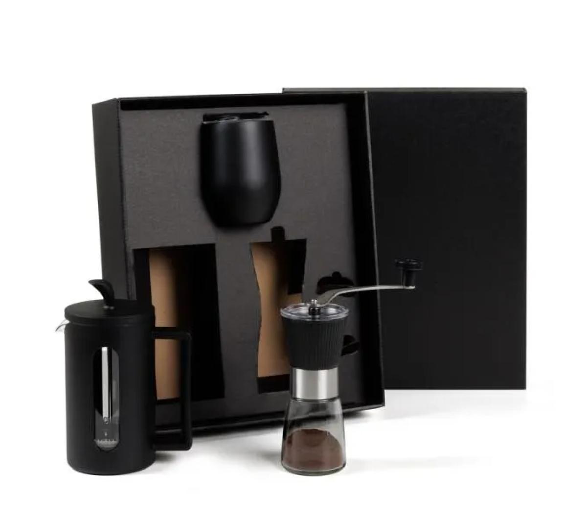Kit Cafeteira Vidro, Moedor e Copo Térmico