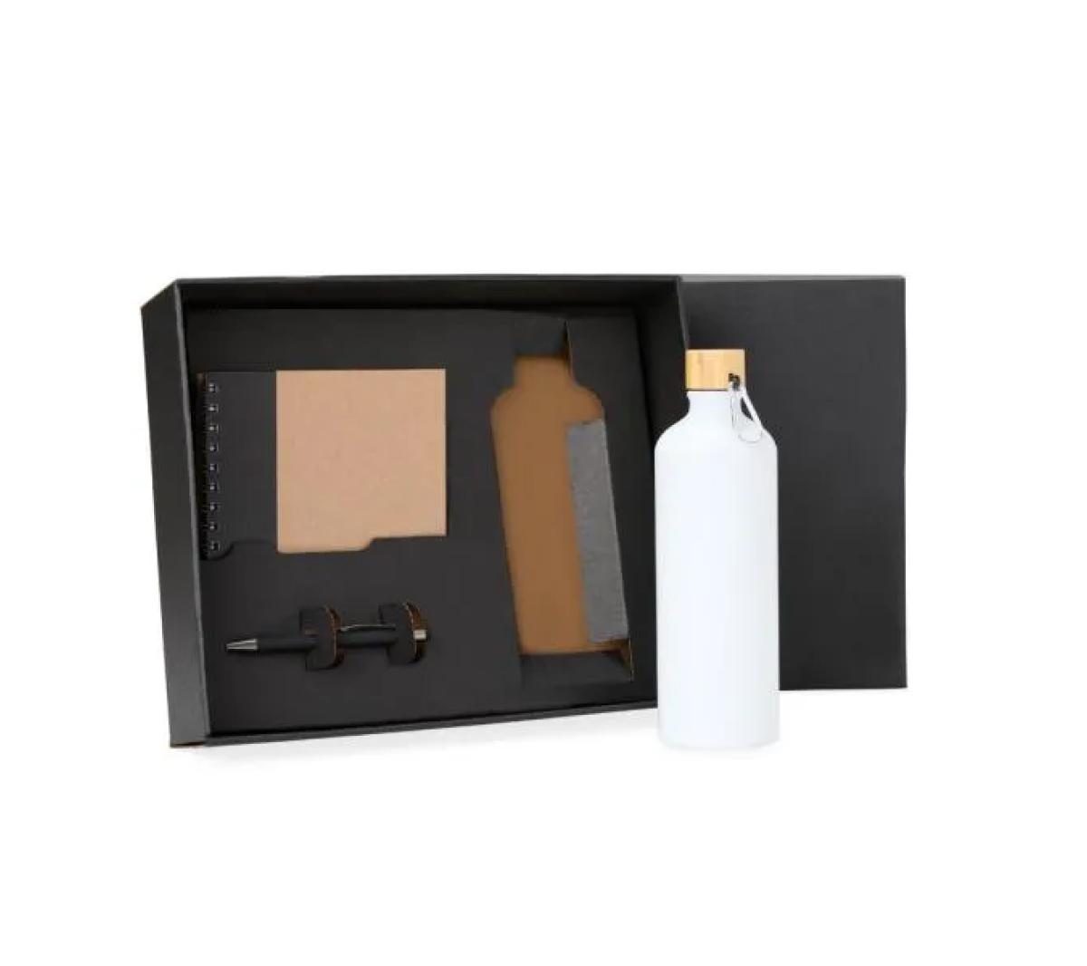 Kit Garrafa Inox, Caderno Capa Dura e Caneta Alumínio