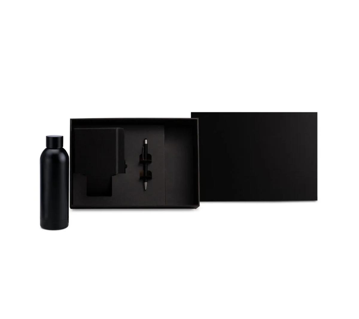 Kit Garrafa Inox, Caneta Alumínio e Caderno Capa Dura