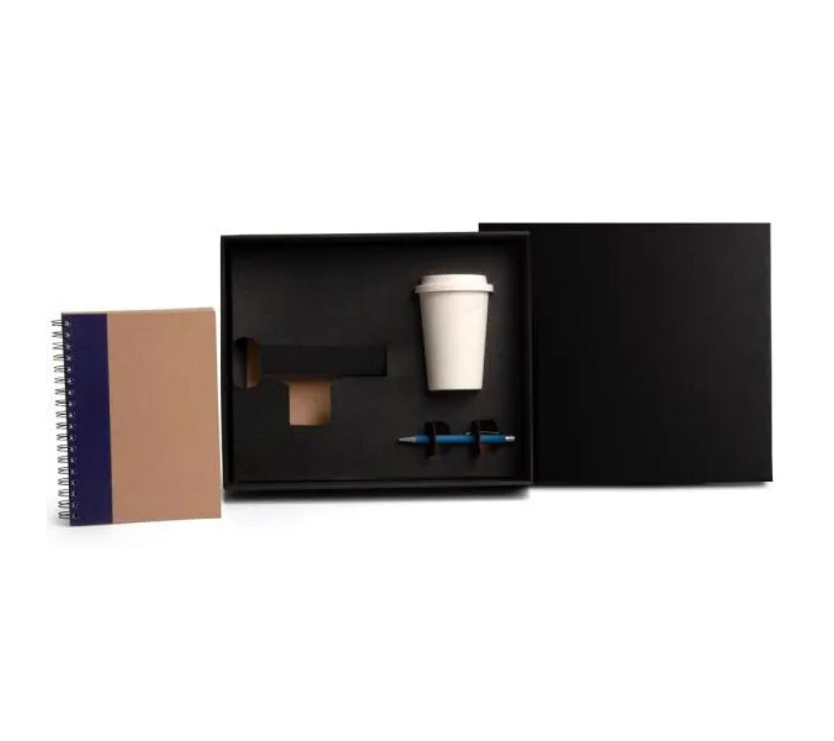 Kit Copo em Fibra de Bambu, Caderno Capa Dura e Caneta Azul