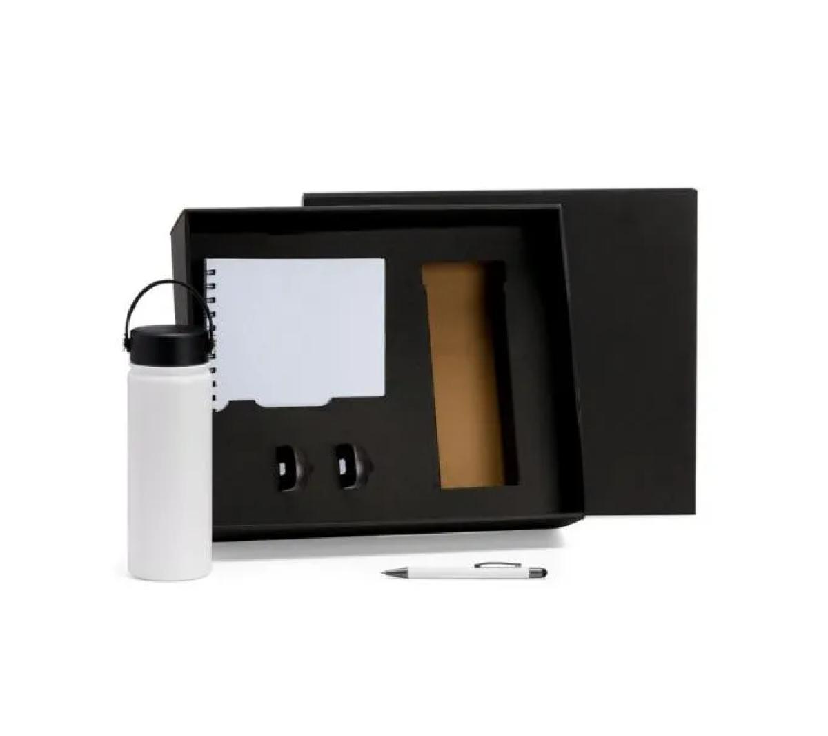 Kit Garrafa Inox, Caderno Capa Dura e Caneta Alumínio