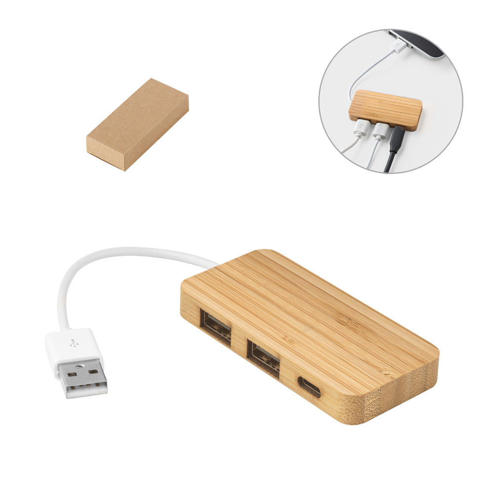 Hub USB em Bambu com 3 Portas 88x40mm