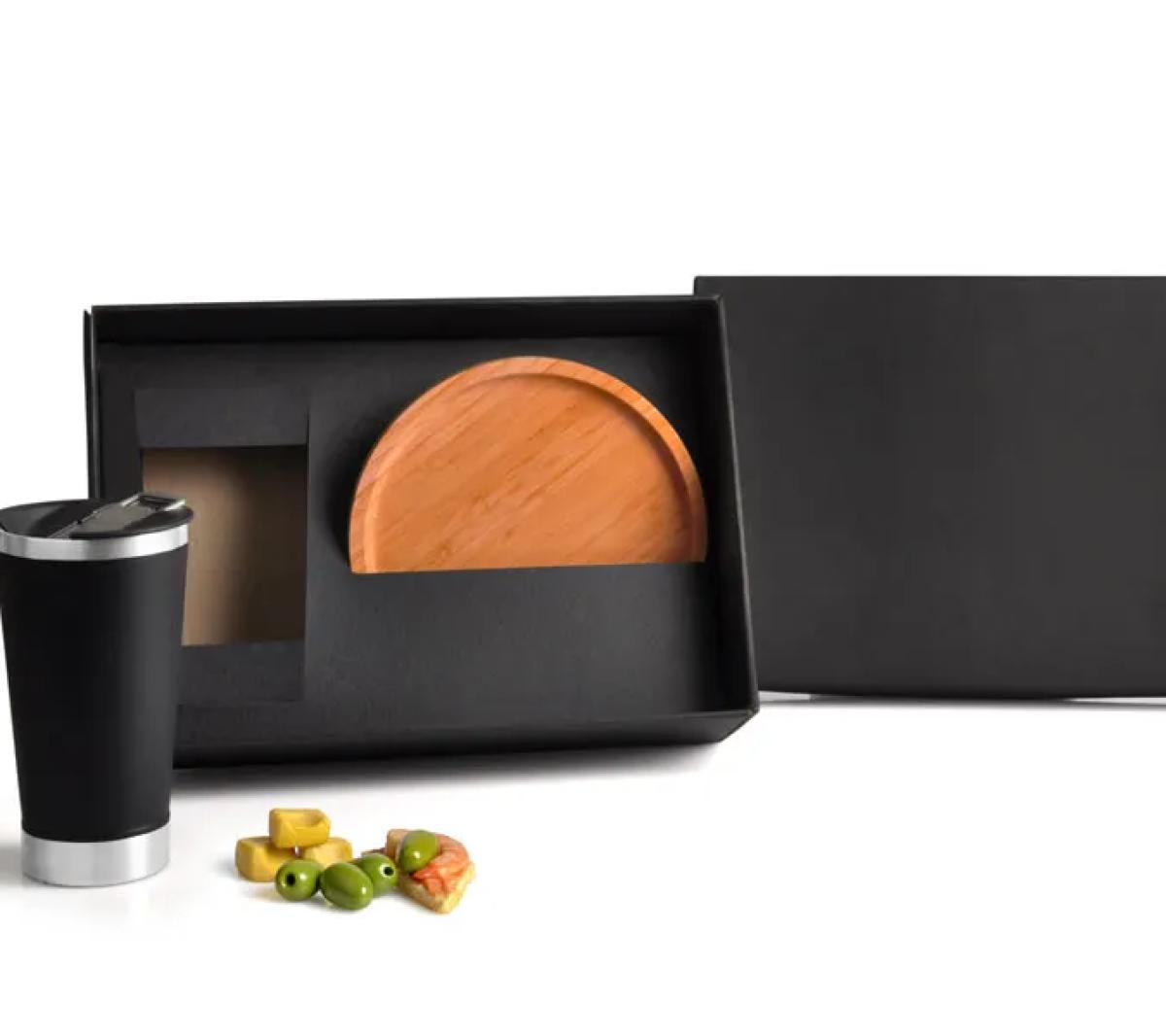 Kit Cerveja Petisco - Copo Térmico Inox e Petisqueira Bambu