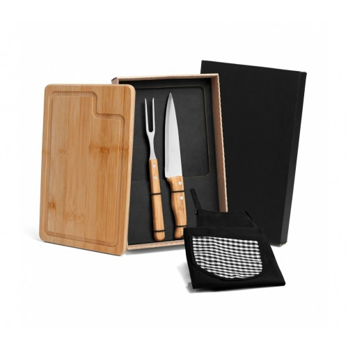 Kit Churrasco 4 Peças em Bambu e Aço Inox 32x20,5cm