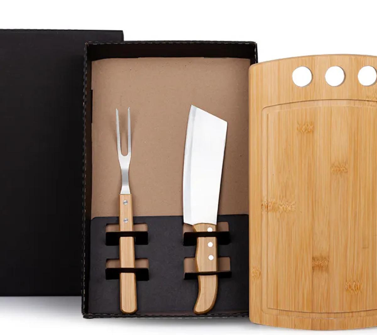 Kit para Churrasco e Cozinha Bambu Inox 3 Peças