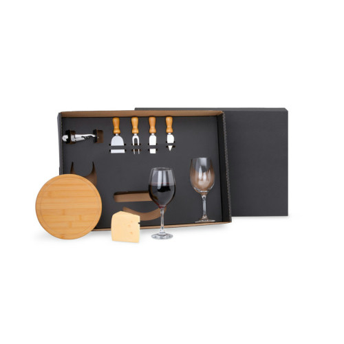 Kit Queijo 8 Peças com Tábua Bambu e Taças Vidro 21,3x1,5cm
