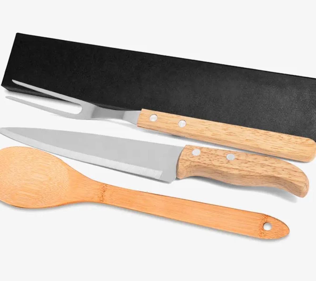 Conjunto de Utensílios Madeira, Bambu e Aço Inox