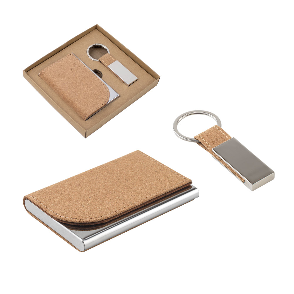 Conjunto Porta-Cartões e Chaveiro Metal e Cortiça 7 Cartões