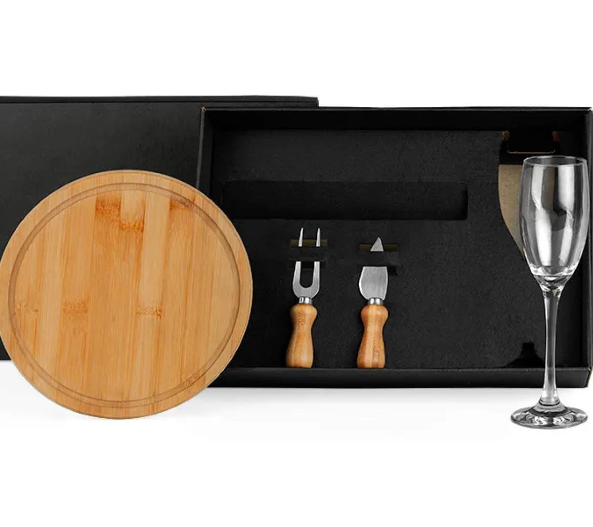 Conjunto para Queijo em Bambu com Taça para Champagne 4 Peças