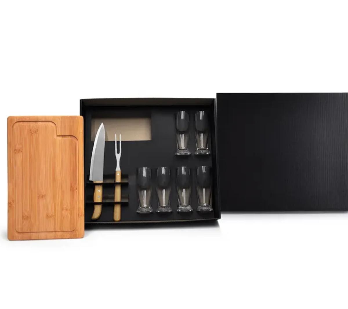 Kit Churrasco e Cerveja em Bambu, Inox e Vidro 9 Peças