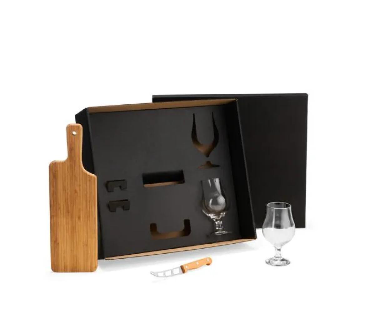 Kit Tábua Bambu e Taças Vidro 39cm