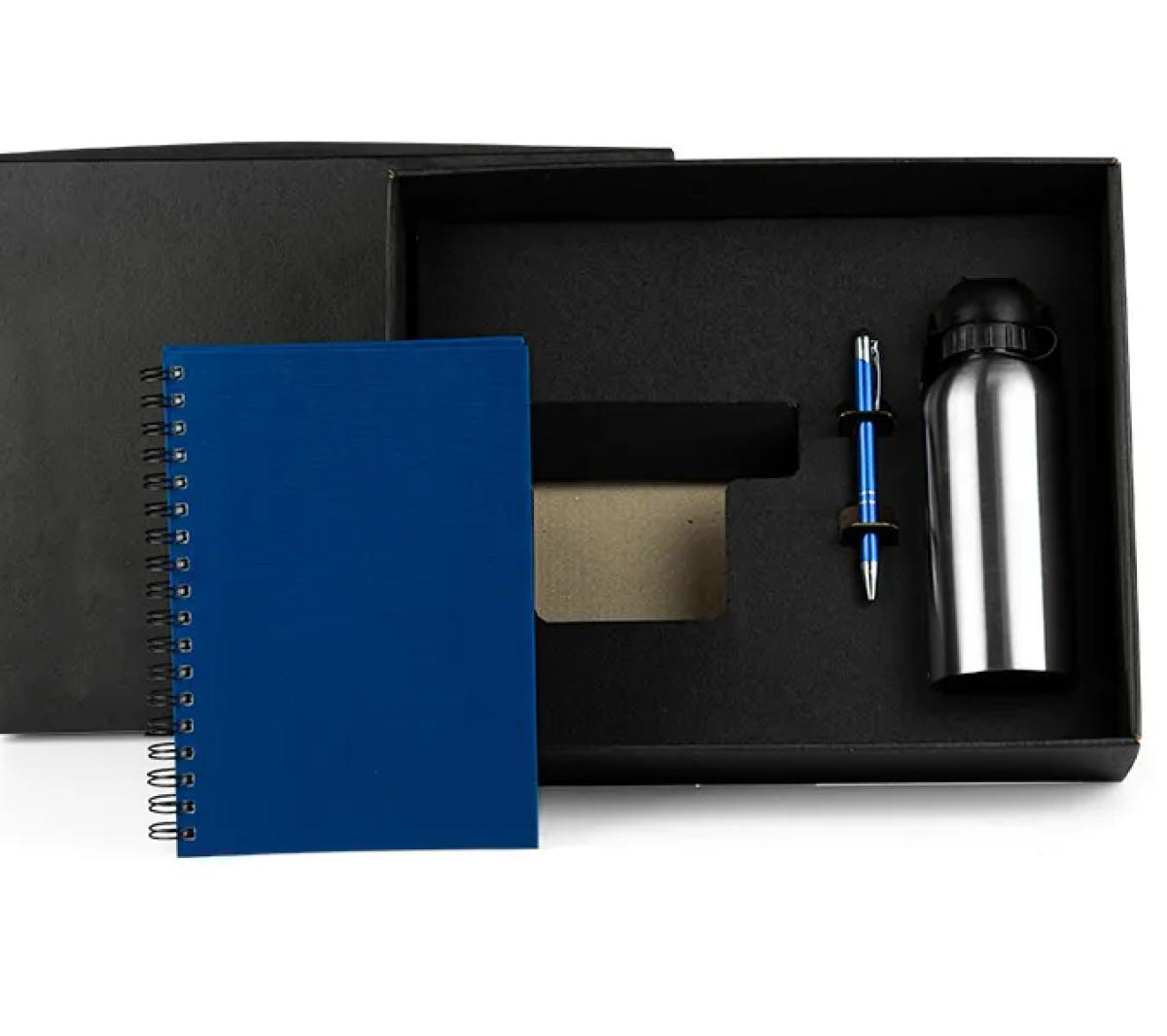 Kit Caderno Capa Dura, Caneta Alumínio e Squeeze Inox