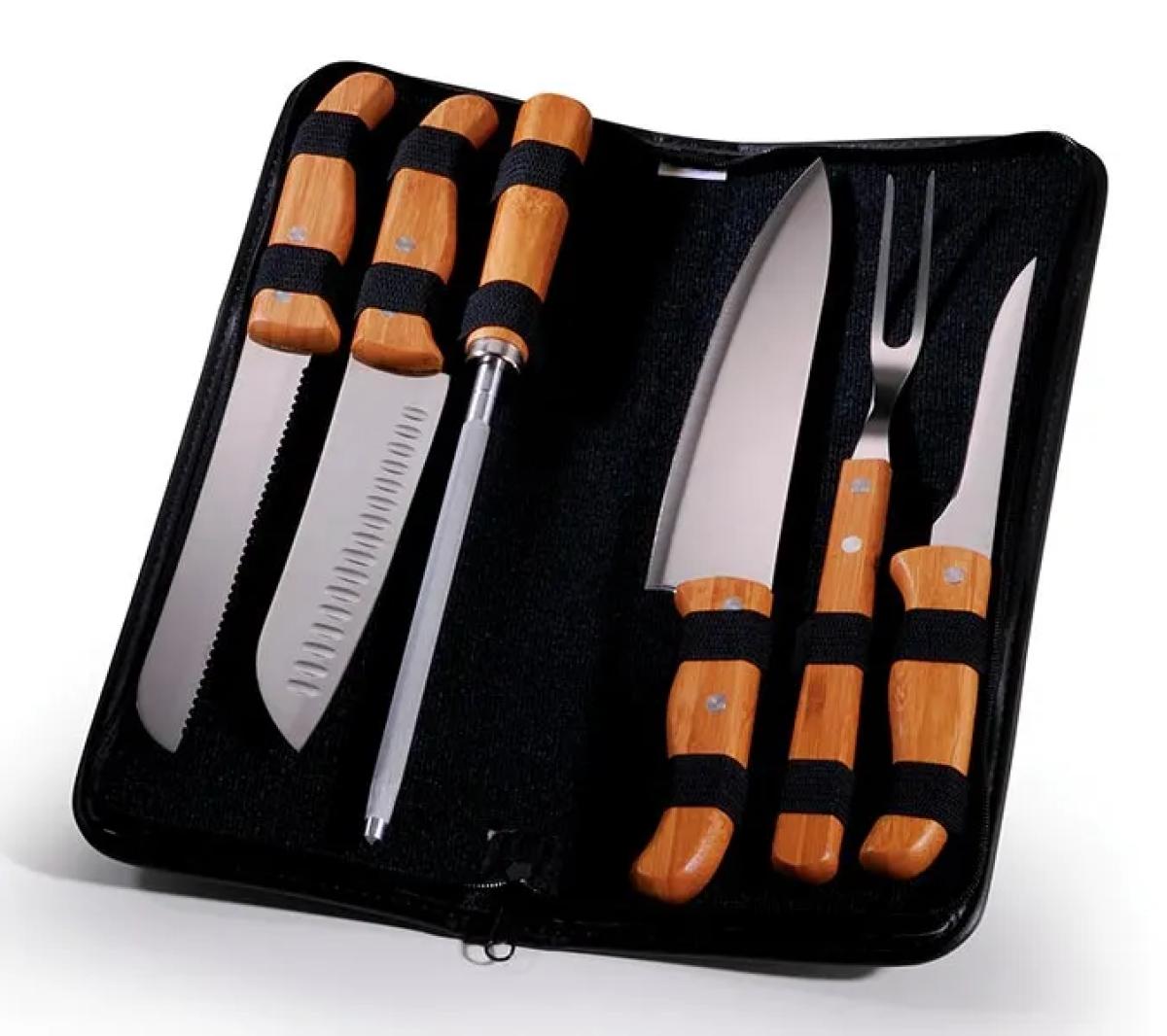 Kit de Facas Aço Inox e Bambu 7 Peças