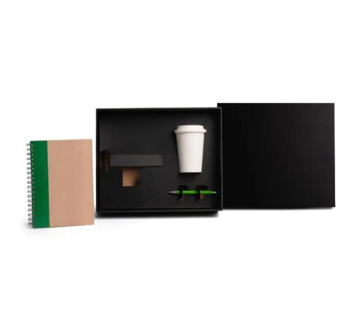 Kit Copo Fibra Bambu, Caderno Capa Dura e Caneta Alumínio
