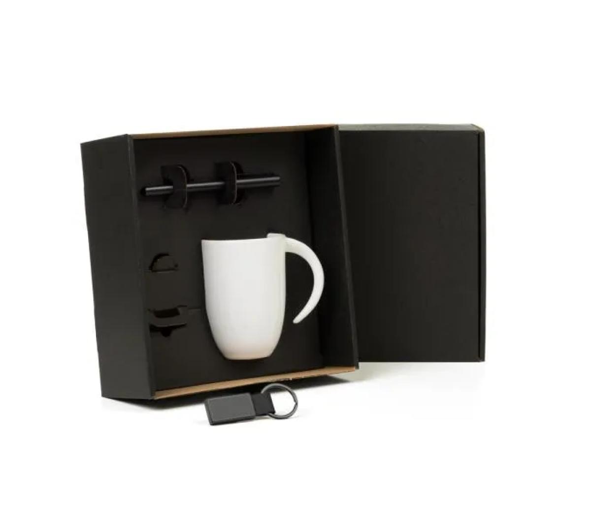 Kit Caneca Cerâmica, Caneta Alumínio e Chaveiro Metal