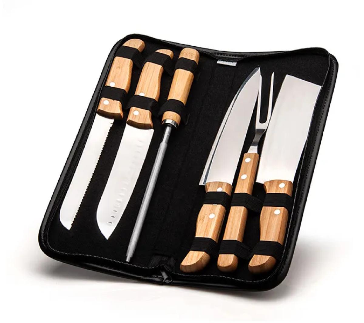 Kit de Facas Aço Inox e Bambu