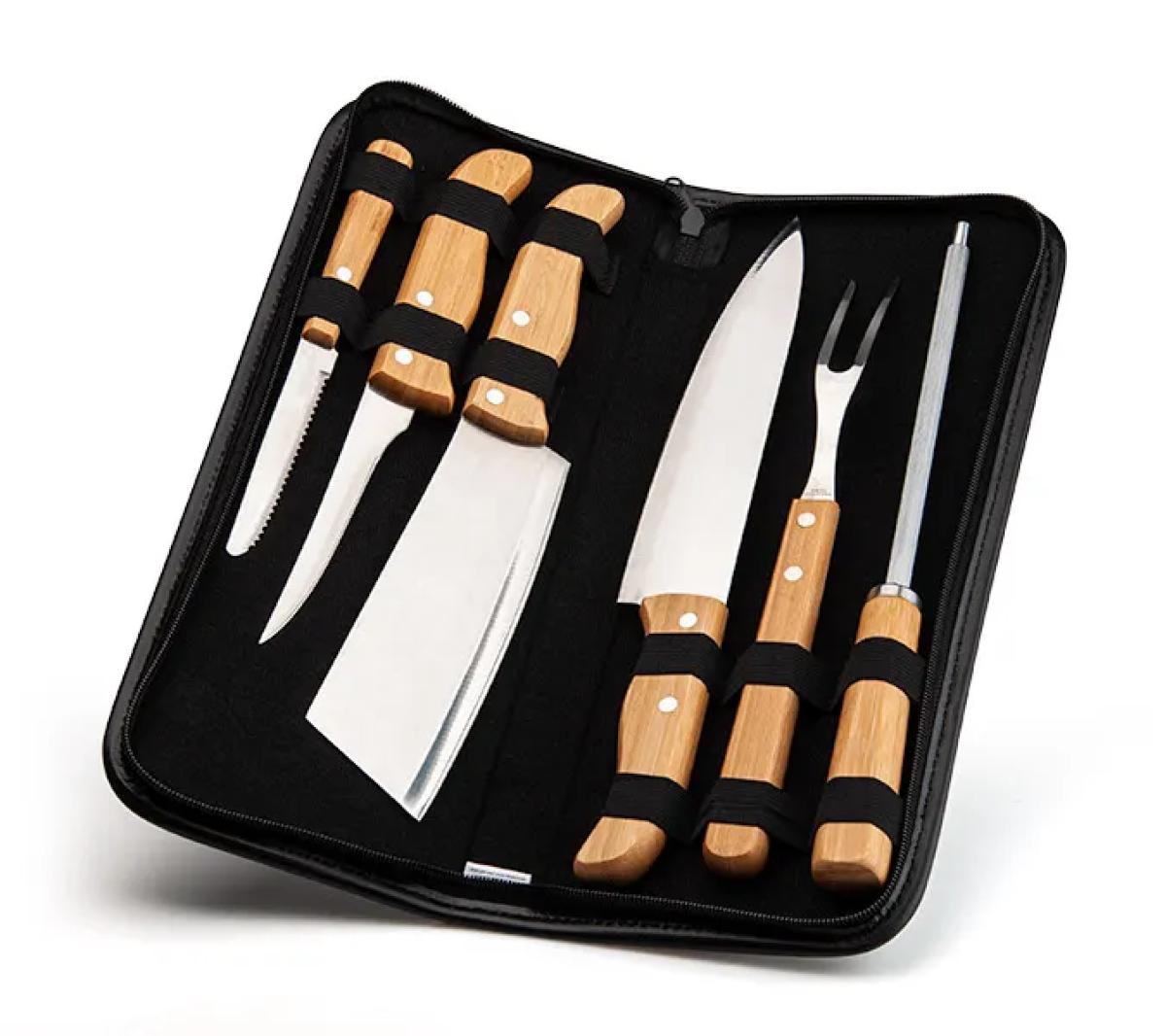 Kit Churrasco Aço Inox e Bambu 7 Pçs