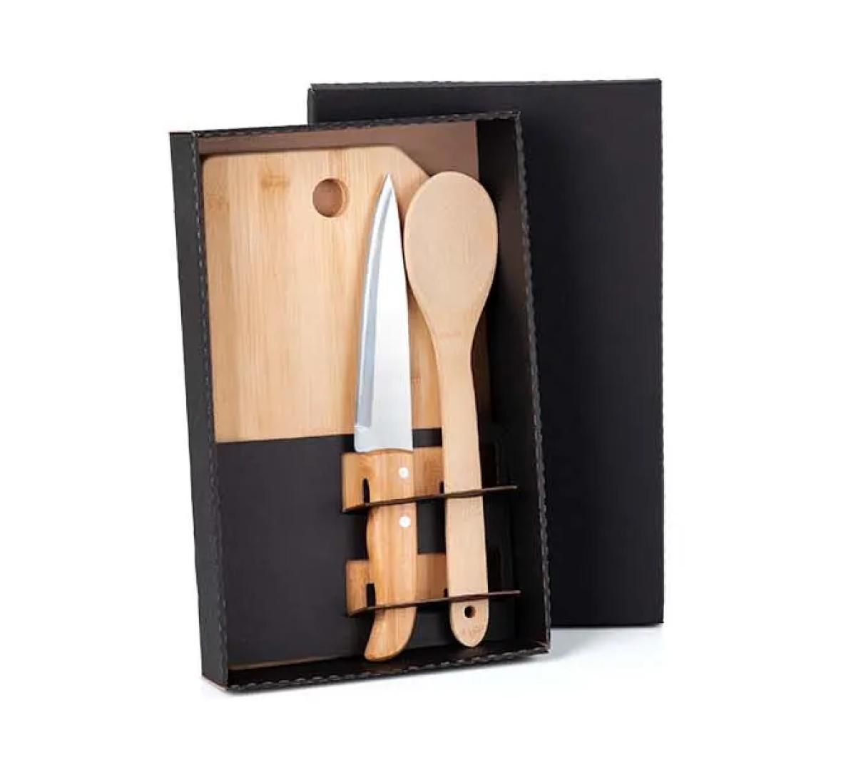 Kit Utensílios Cozinha Bambu e Inox 3 Pçs
