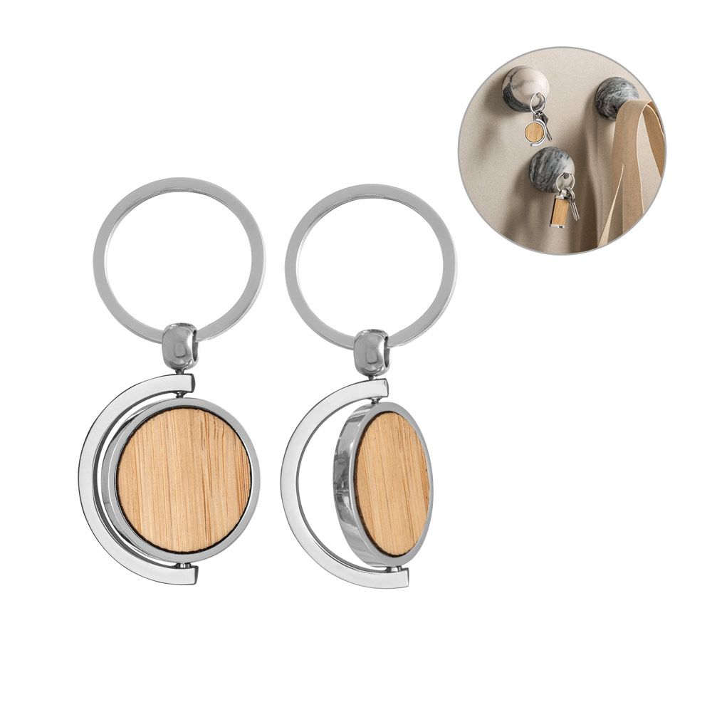 Chaveiro Redondo em Bambu e Metal 36x40mm