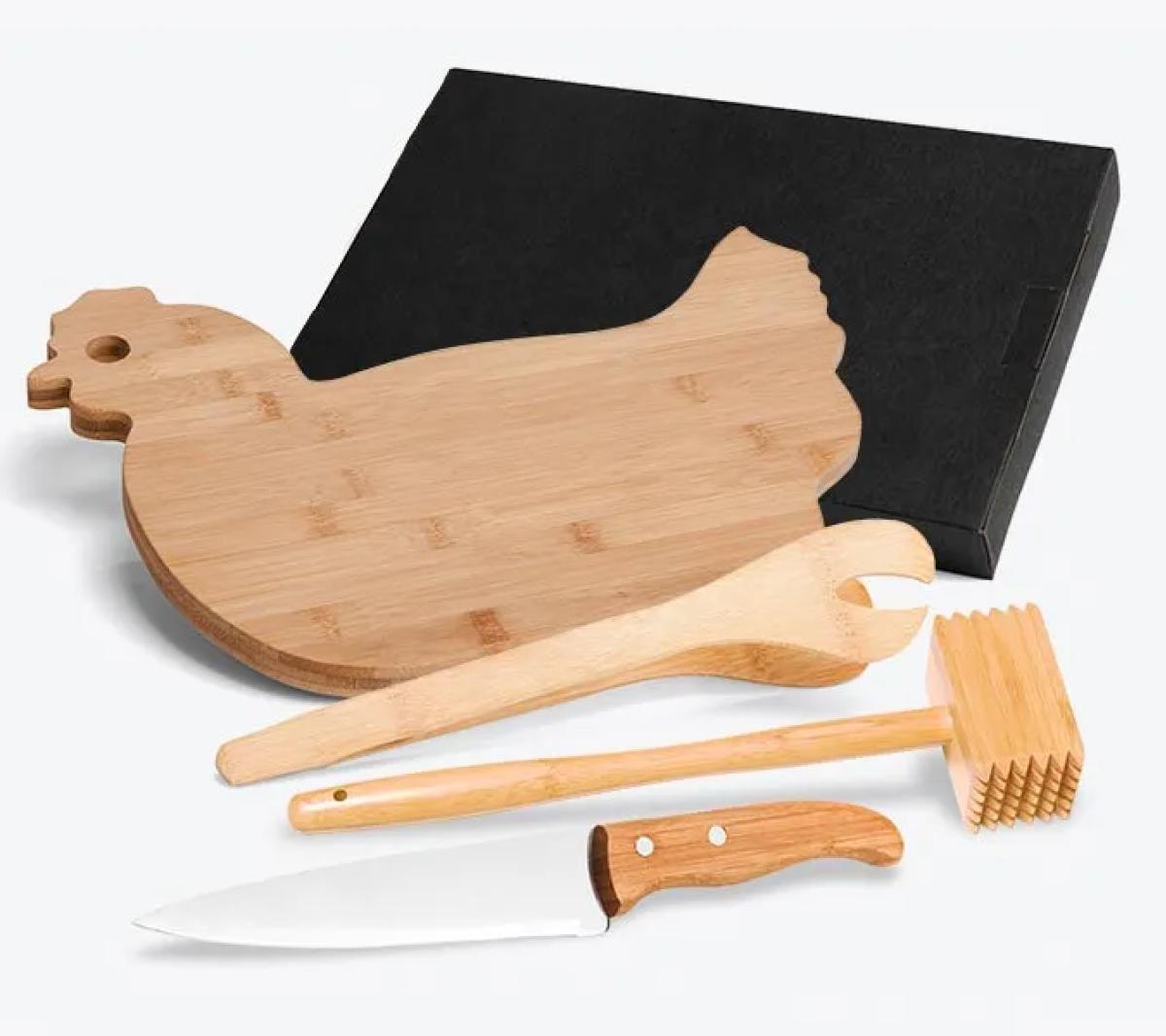 Kit Cozinha Bambu e Inox com Tábua Formato Galinha