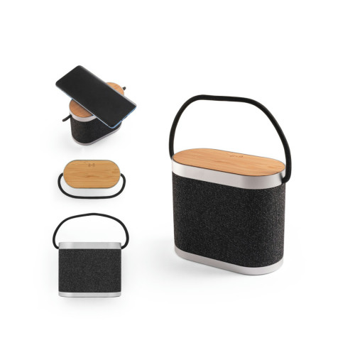 Caixa de Som 15W em Bambu e rPET com Carregador Wireless