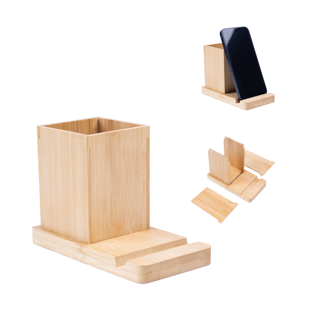 Organizador de Mesa Bambu com Suporte Celular e Porta