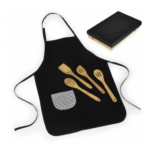 Kit Utensílios Bambu com Avental Brim 79x54,5cm