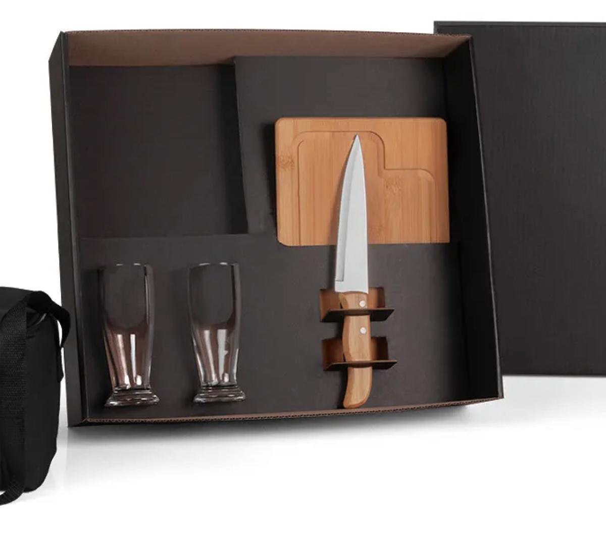 Kit Churrasco Bambu Inox Vidro e Bolsa Térmica