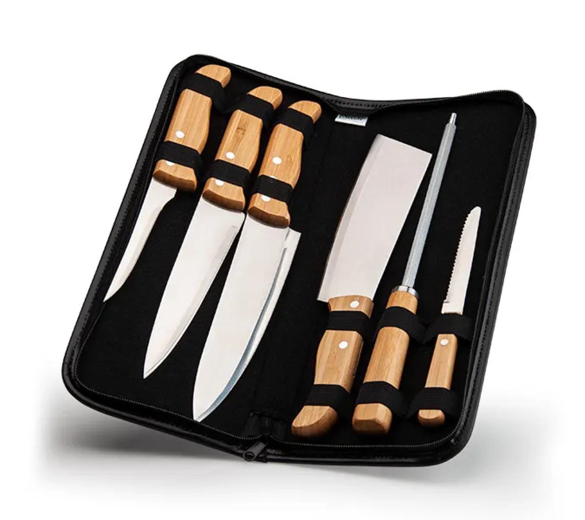 Kit de Facas Aço Inox e Bambu com Estojo 7 Pçs