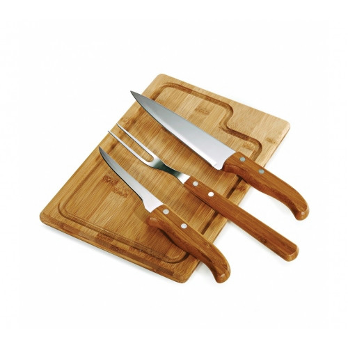 Kit Churrasco Bambu e Inox 4 Peças - Tábua 32x20 cm