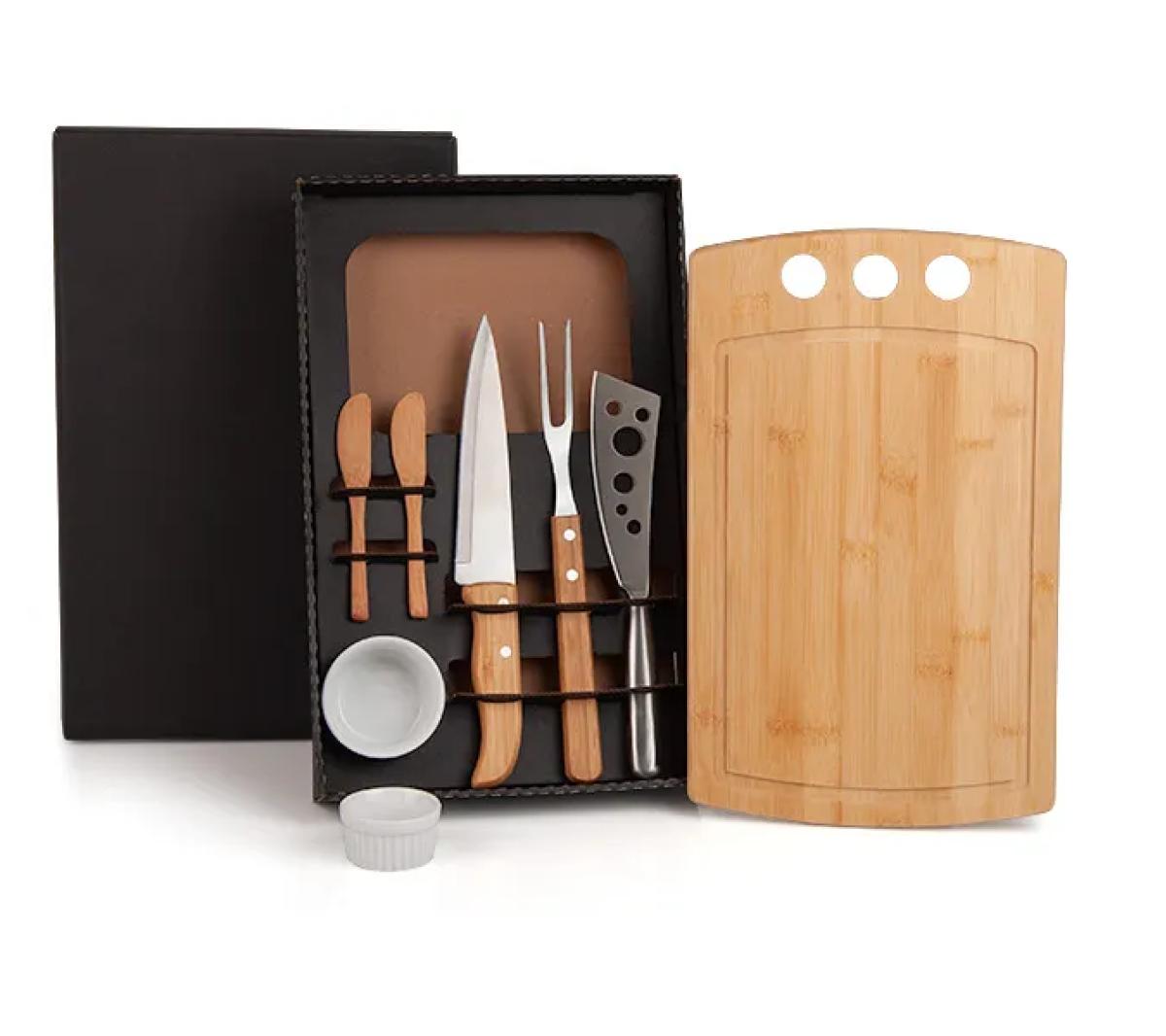 Kit Churrasco e Petisco Bambu e Inox 2 em 1