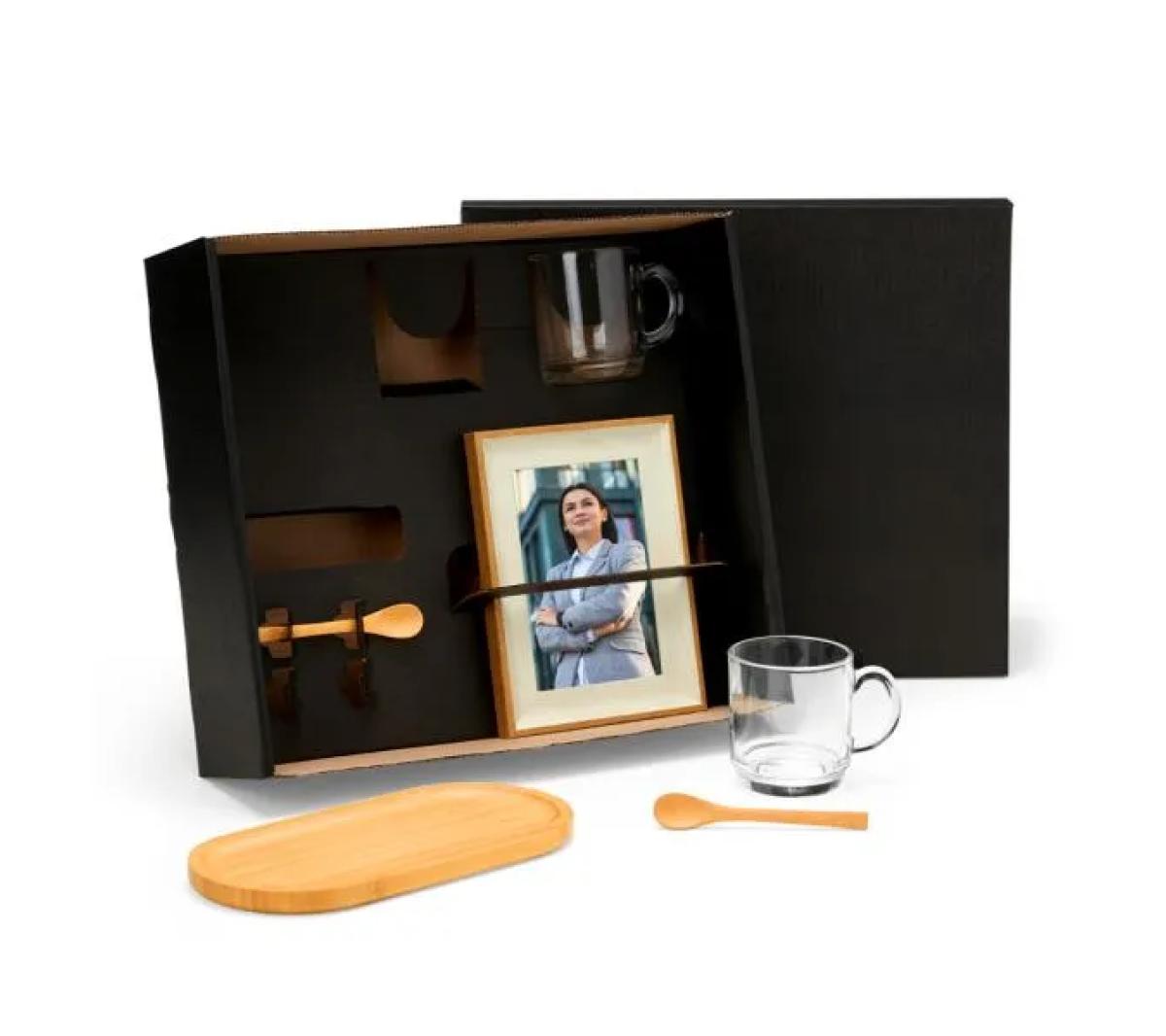 Kit para Café e Porta Retrato em Bambu, Vidro e Madeira