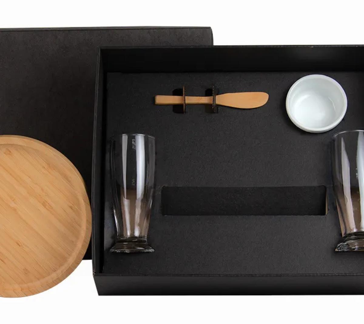Kit Petisco e Cerveja 5 Peças com Tábua Bambu