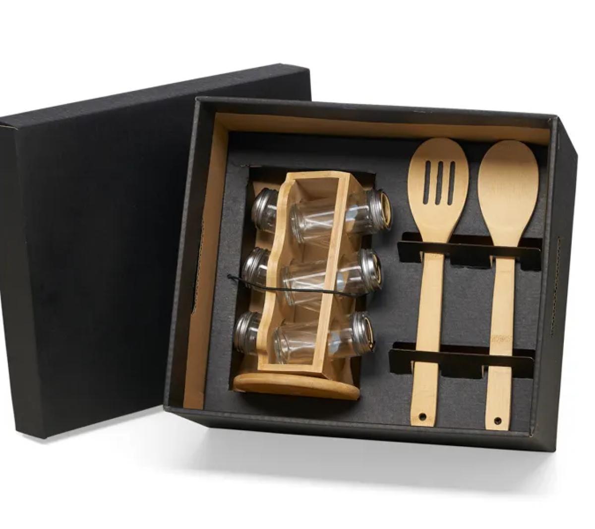 Kit Porta Condimentos e Colheres Bambu 6 Potes