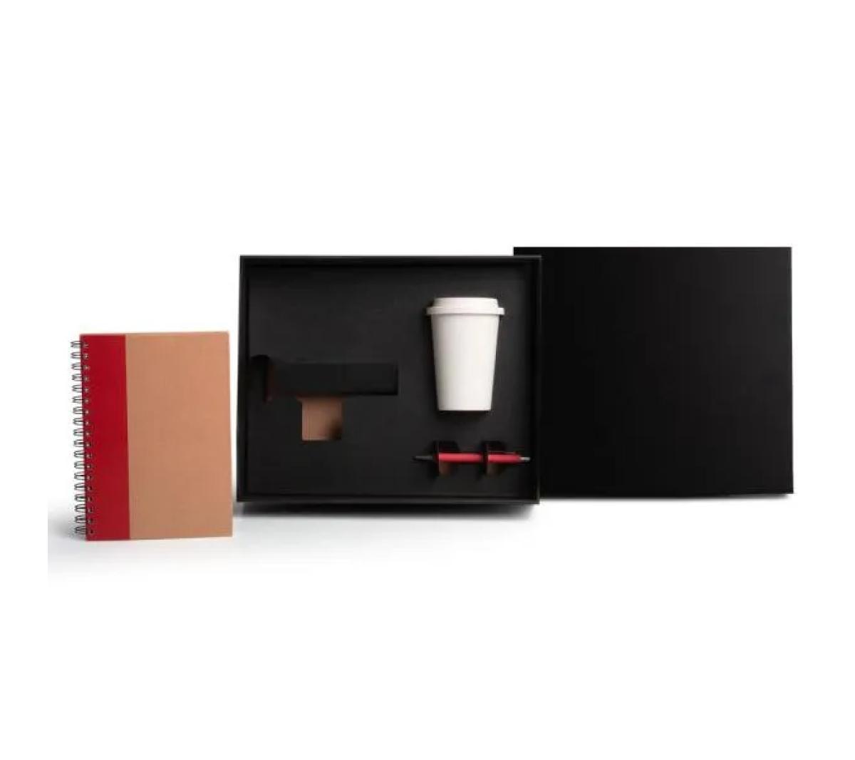 Kit Copo Fibra Bambu Caderno Caneta Vermelho 3 Pçs 100 Folhas