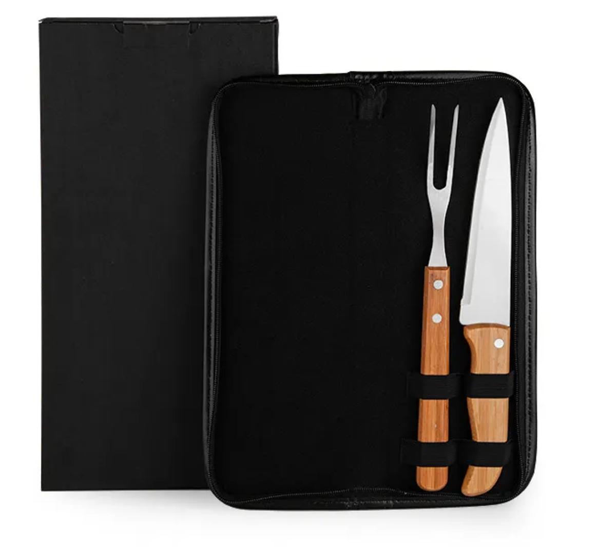 Kit Garfo e Faca Inox e Bambu com Estojo 3 Pçs