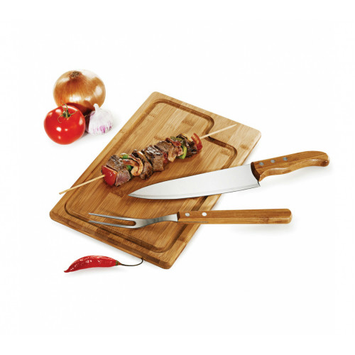Kit Churrasco Bambu Aço Inox 3 Peças 32x20cm