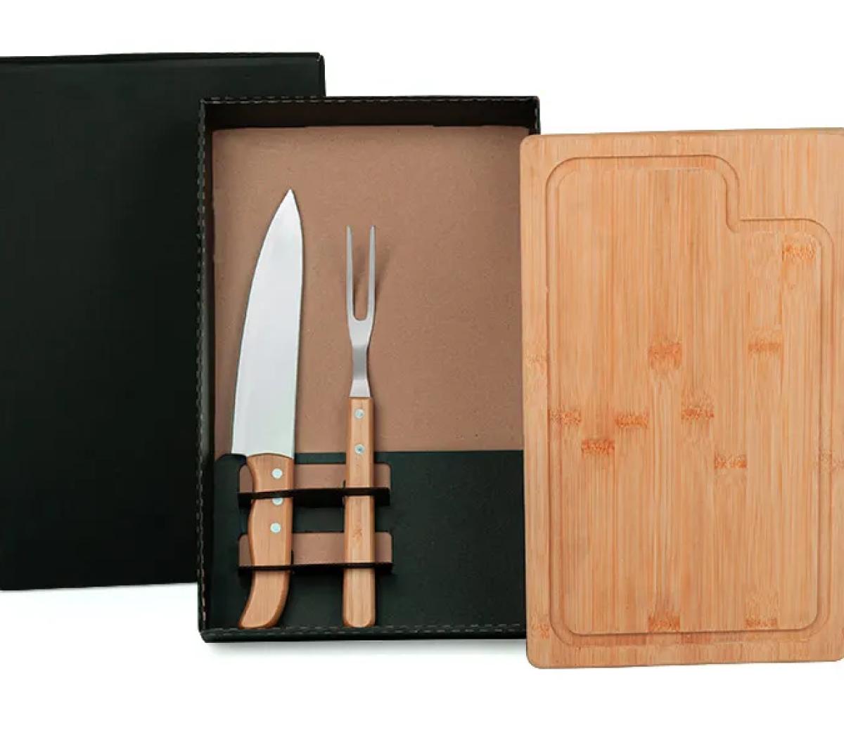 Kit Churrasco 3 Peças Tábua em Bambu e Aço Inox